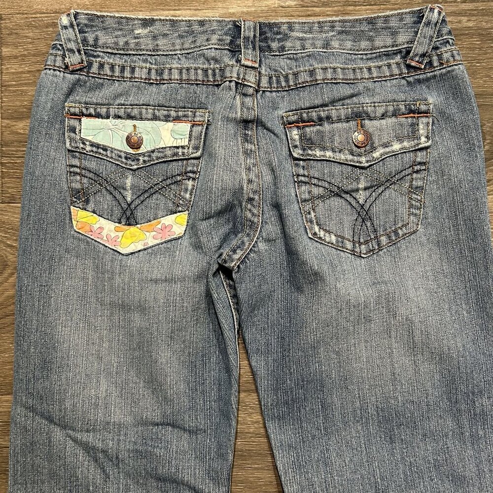 Be Good Size Large Patchwork Embroidered Denim Distressed Flare Jeans Y2K 00s - Picture 13 of 13